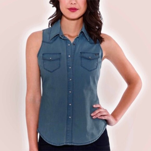 GUESS Chambray Snap Button Sleeveless Top Sz XS Blue - Picture 1 of 6